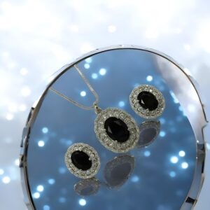 Kazaara “Celestial Noir” Black Onyx Silver-Halo Pendant Set