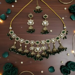 Kazaara | Emerald Jhumki Bloom Necklace Set