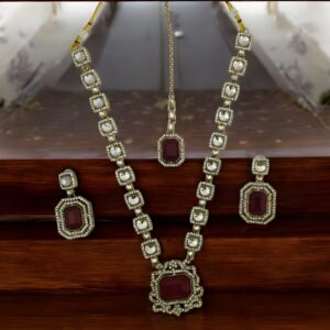 Kazaara | Regal Maroon AD Kundan Necklace Set